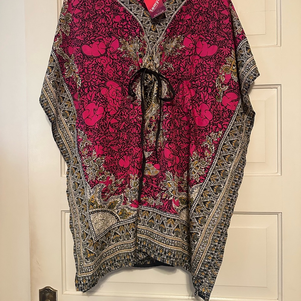 Women's Pink and Black Patterned Top Kaftan Swimsuit Cover